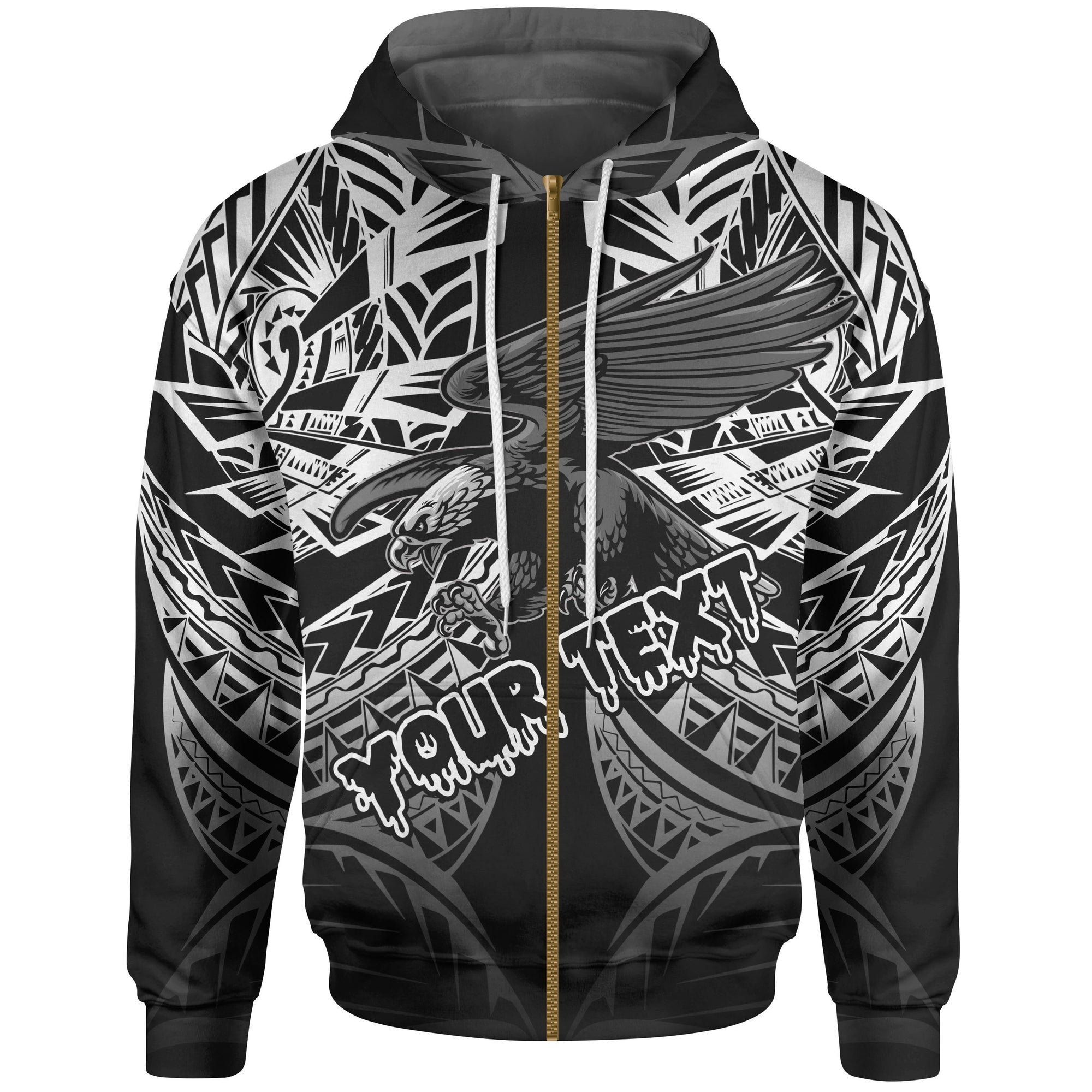 American Samoa Polynesian Custom Zip up Hoodie Eagle Tribal Pattern Unisex Black - Polynesian Pride