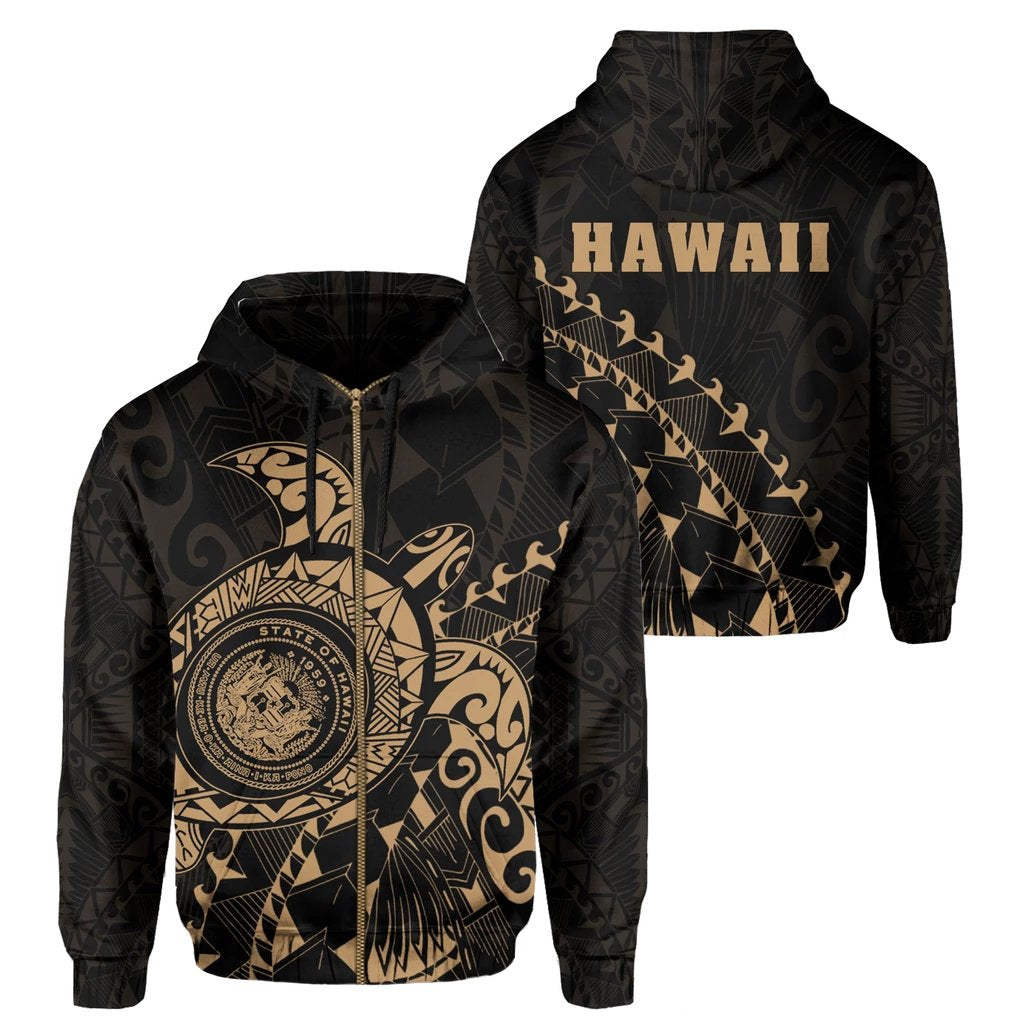 Hawaii Coat of Arms Zipper Hoodie (Gold) Turtle Style Unisex Art - Polynesian Pride