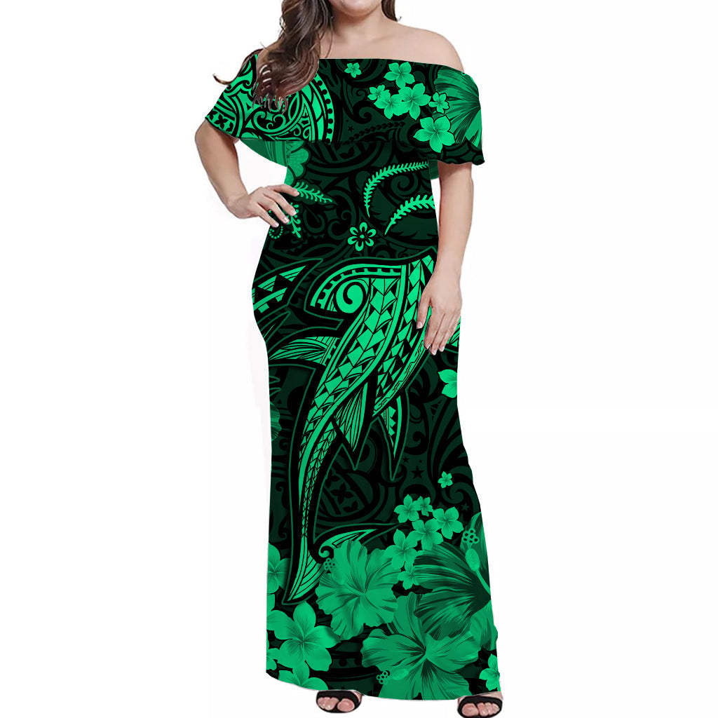 Hawaii Off Shoulder Long Dress Polynesia Green Shark LT13 Women Green - Polynesian Pride