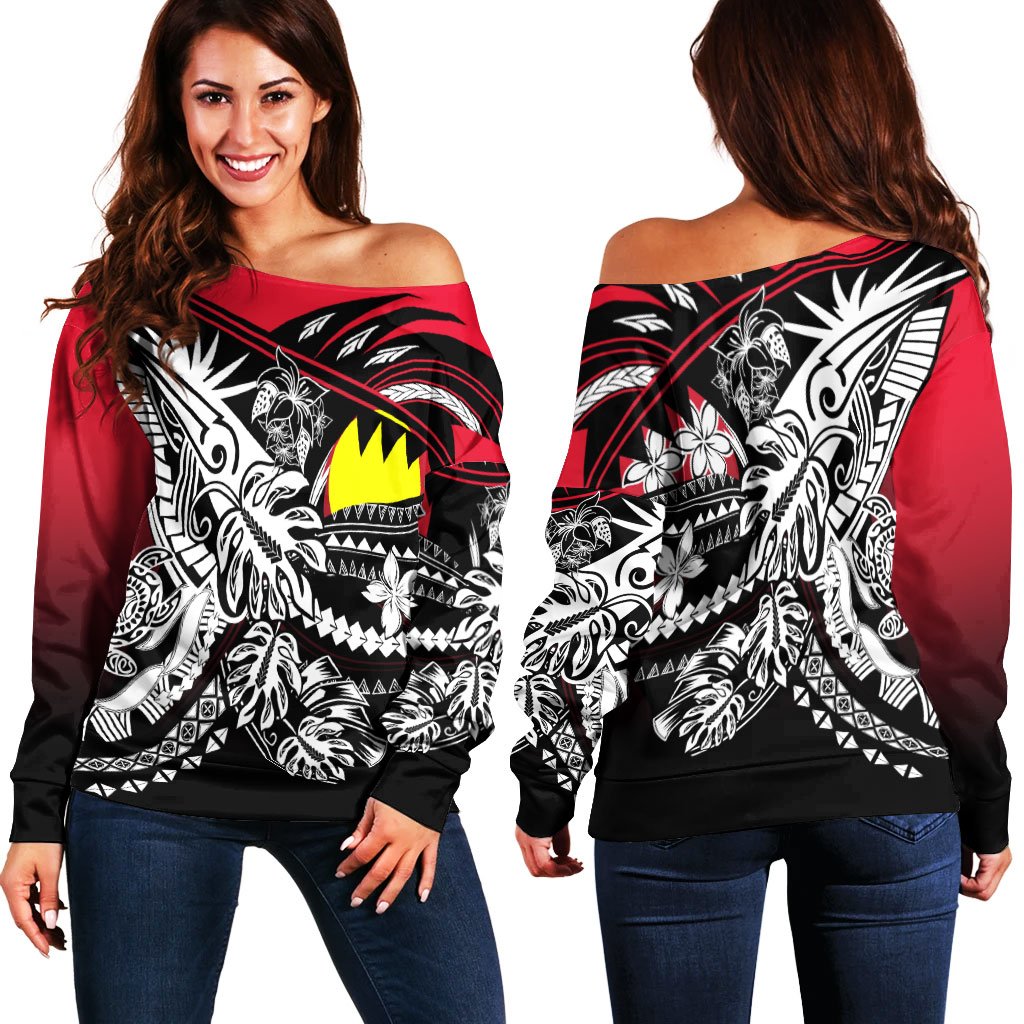 Palau Women's Off Shoulder Sweaters - Tribal Jungle Pattern Red Color Red - Polynesian Pride