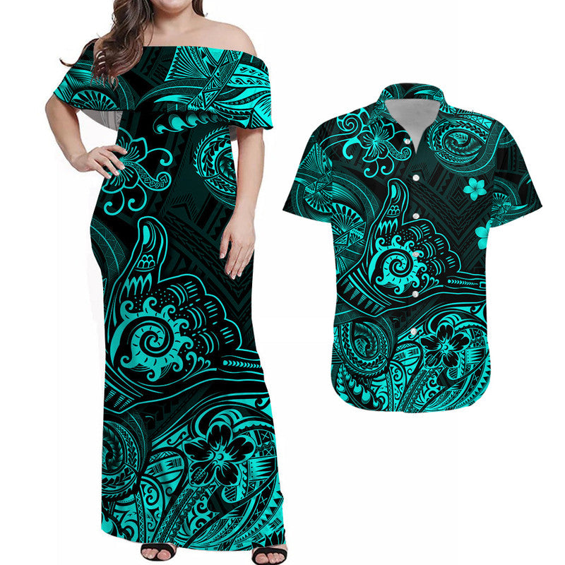Hawaii Shaka Polynesian Matching Dress and Hawaiian Shirt Matching Couples Outfit Unique Style Turquoise LT8 Turquoise - Polynesian Pride