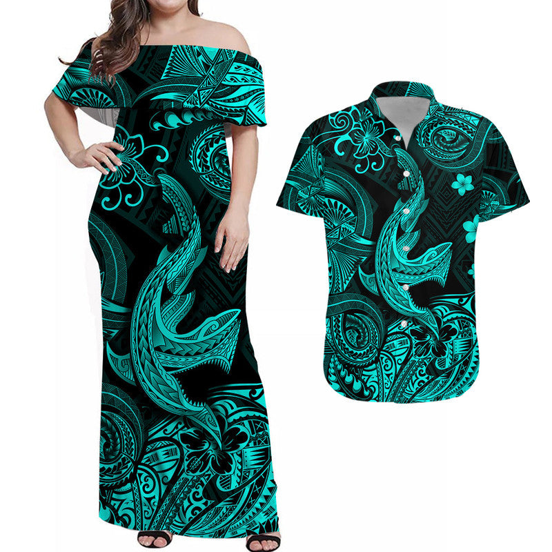Hawaii Angry Shark Polynesian Matching Dress and Hawaiian Shirt Matching Couples Outfit Unique Style Turquoise LT8 Turquoise - Polynesian Pride