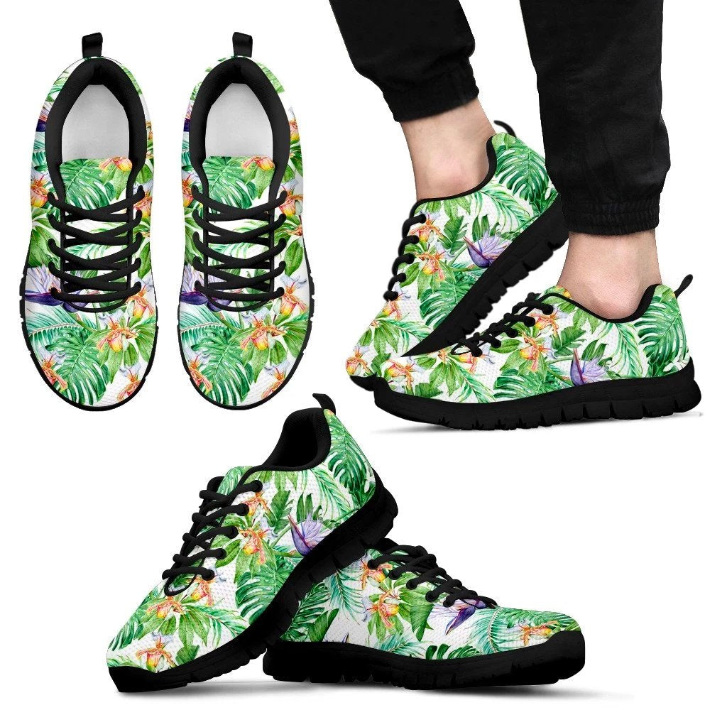 Hawaii Tropical Orange Orchids Strelitzia Monstera Sneakers Men's Sneakers Black - Polynesian Pride