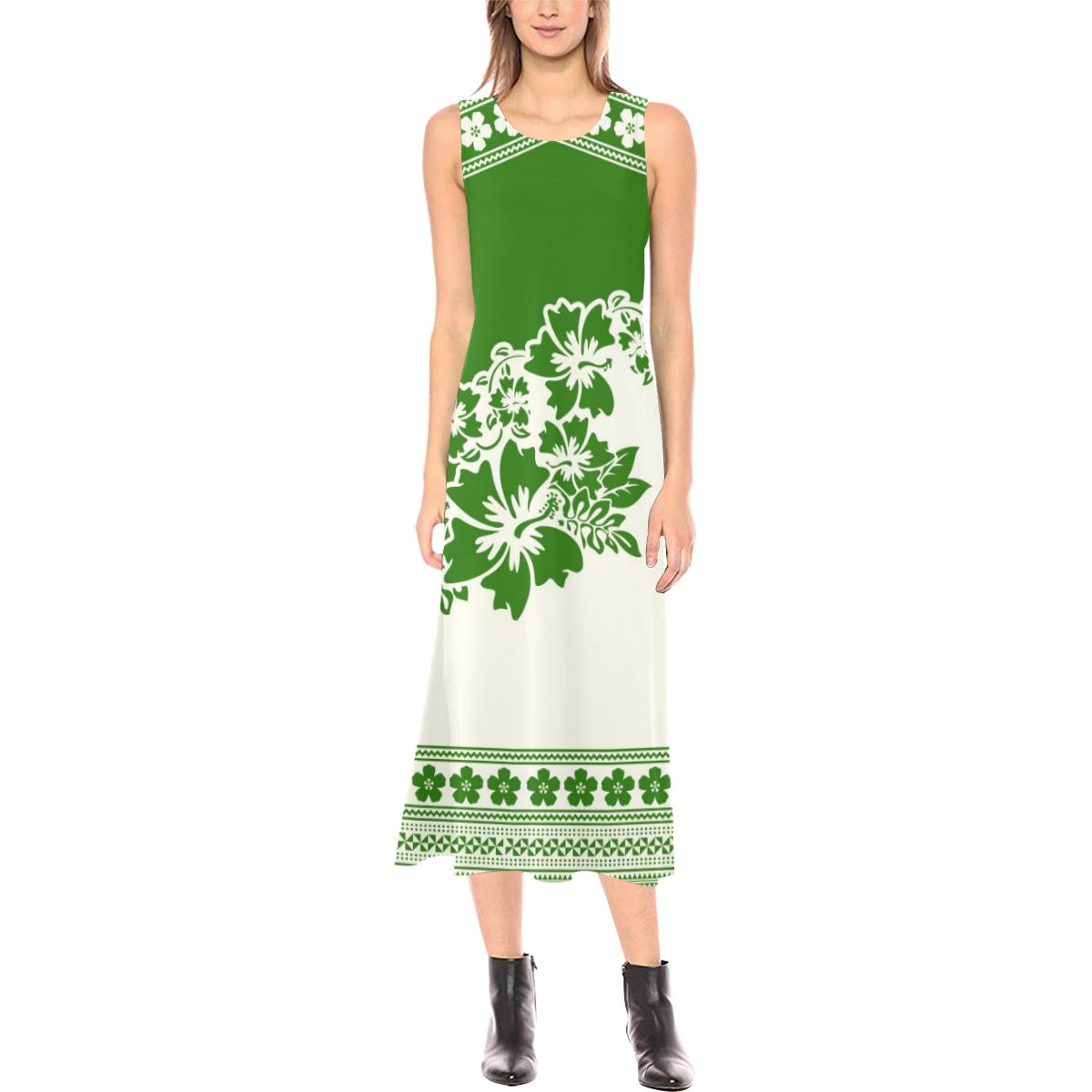 Polynesian Phaedra Sleeveless Open Fork Long Dress - Green Hibiscus Women Green - Polynesian Pride