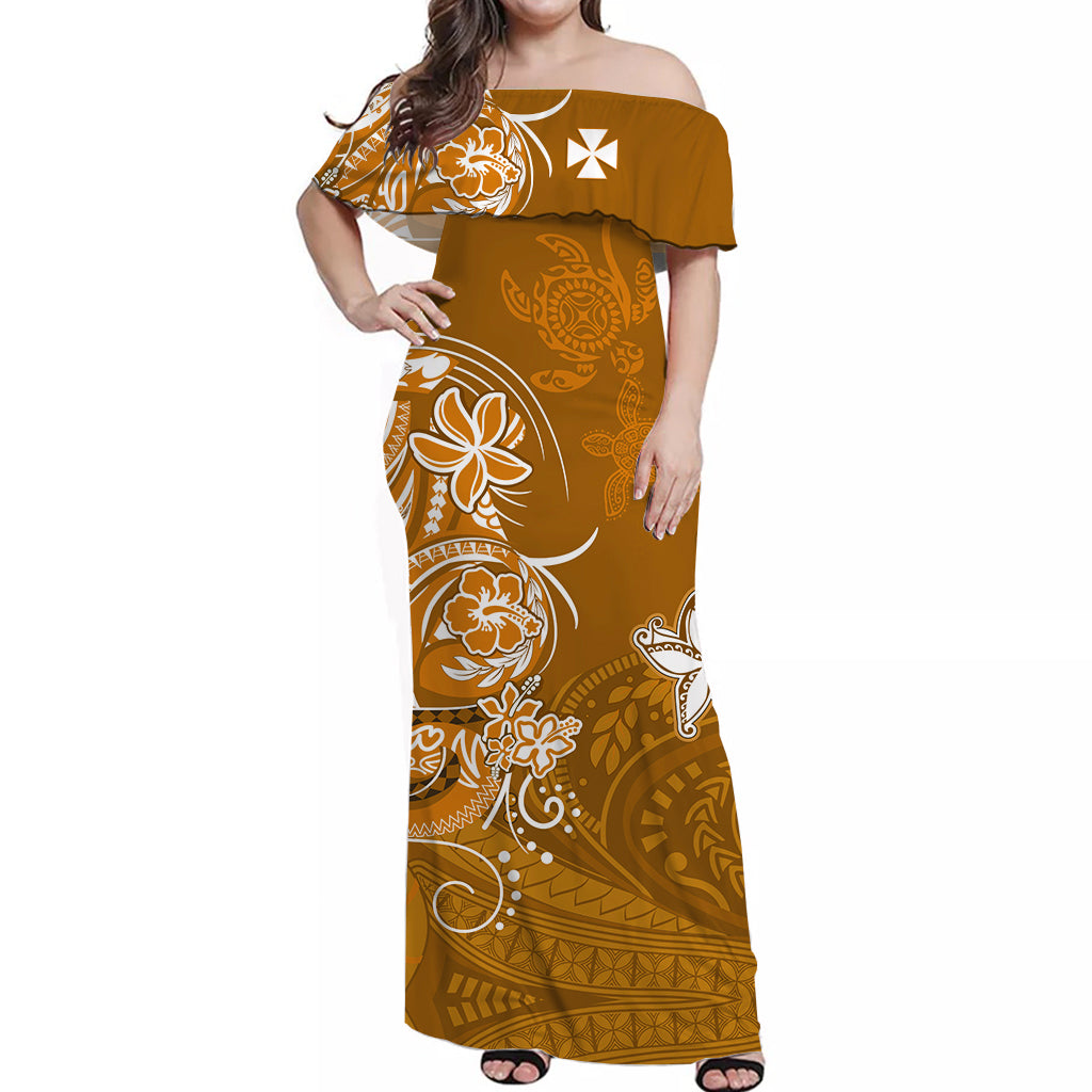 (Custom Personalised) Wallis et Futuna Off Shoulder Long Dress Polynesia Gold Sea Turtle and Flowers LT13 Women Gold - Polynesian Pride