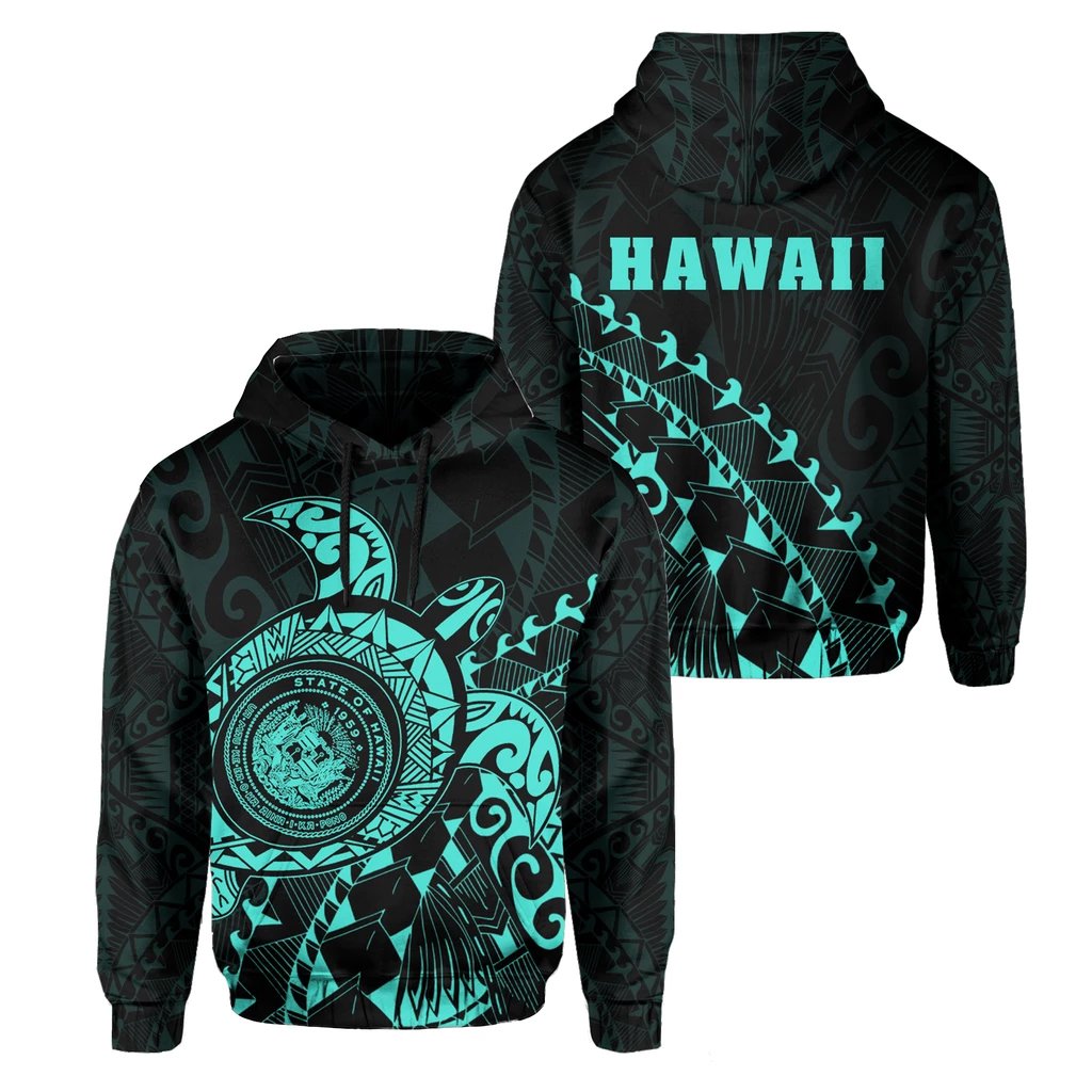 Hawaii Coat of Arms Hoodie (Turquoise) Turtle Style Unisex White - Polynesian Pride