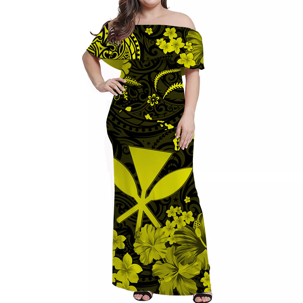 Hawaii Off Shoulder Long Dress Polynesia Yellow Kanaka Maoli LT13 Women Yellow - Polynesian Pride