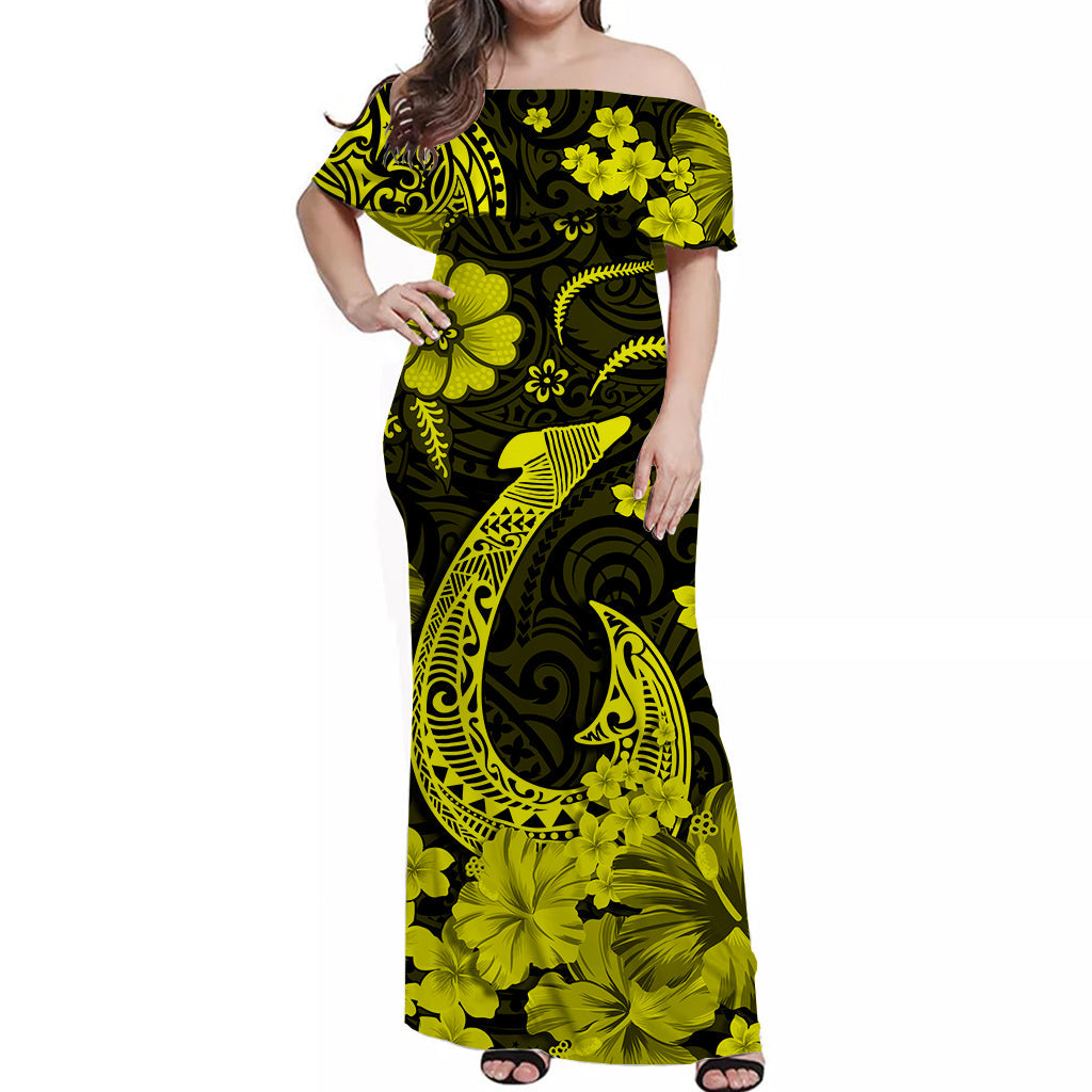 Hawaii Off Shoulder Long Dress Polynesia Yellow Fish Hook LT13 Women Yellow - Polynesian Pride