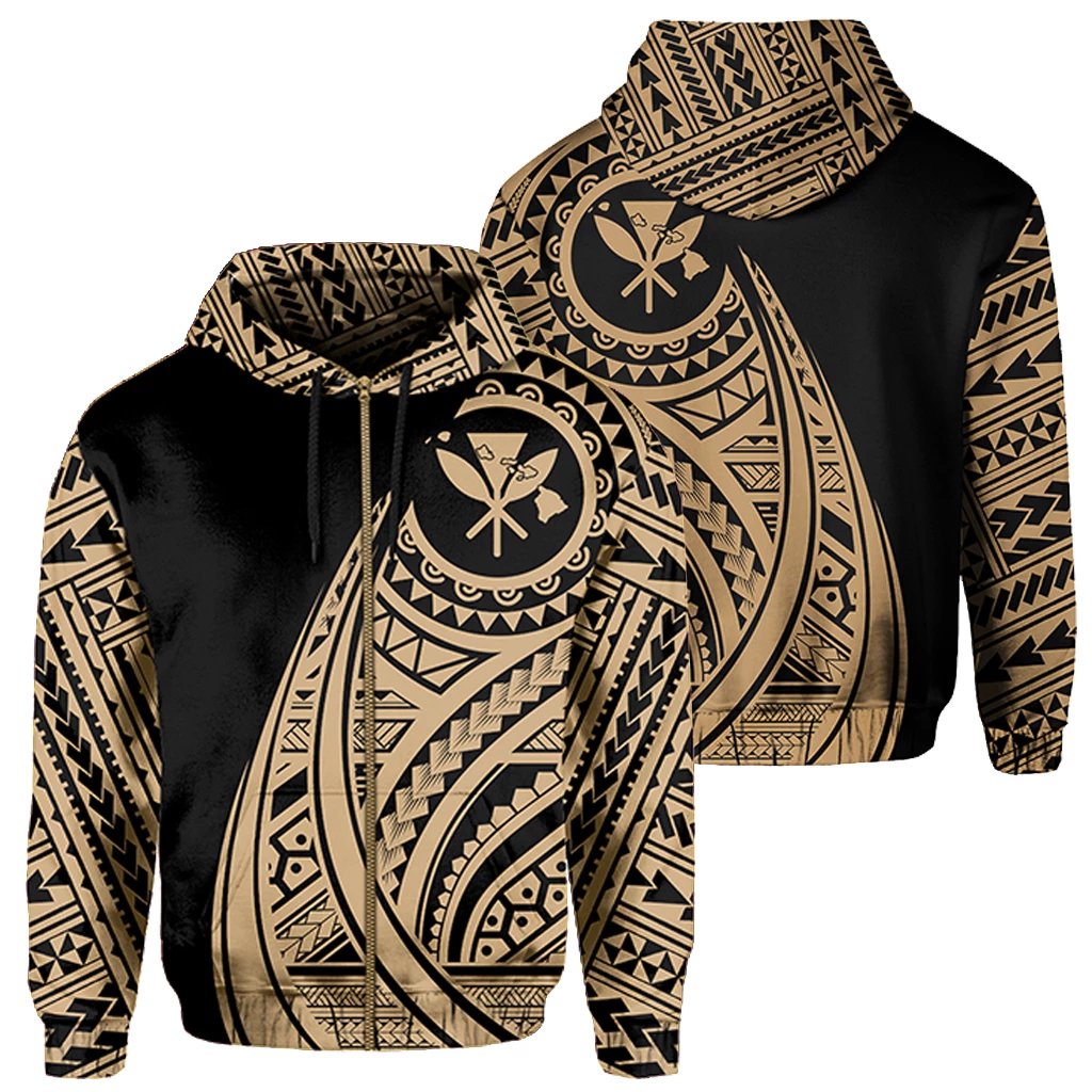 Hawaii Kanaka Polynesian Zip up Hoodie Tatoo Style Gold Unisex Gold - Polynesian Pride