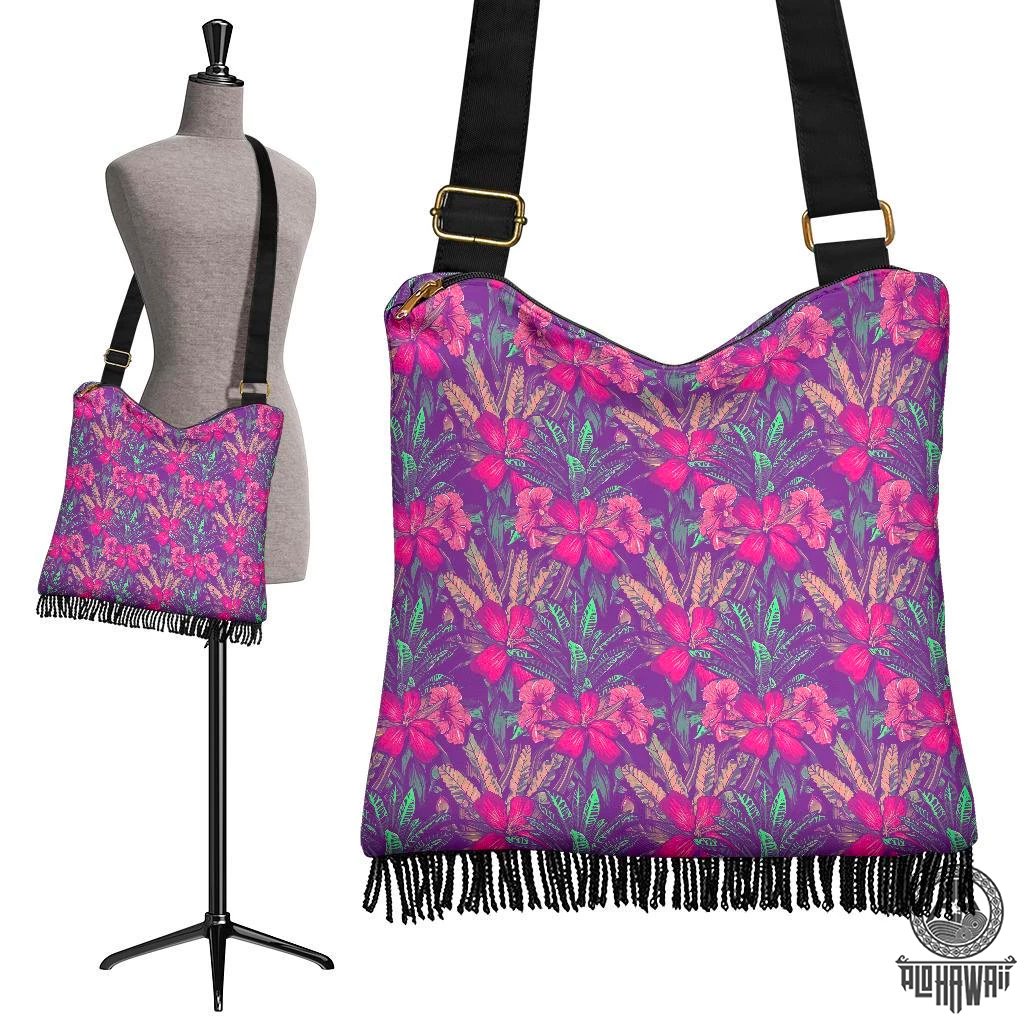 Hawaii Tropical Hibiscus Purple Crossbody Boho Handbag Crossbody Boho Handbag One Size Pink - Polynesian Pride