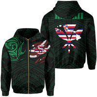 Hawaiian Kanaka Hoodie (Zipper) Heart Tattoo Green Unisex White - Polynesian Pride