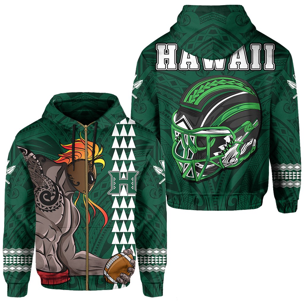 Polynesian Warrior Helmet Football Kanaka Kakau Hawaii Zip Hoodie Green Unisex Green - Polynesian Pride