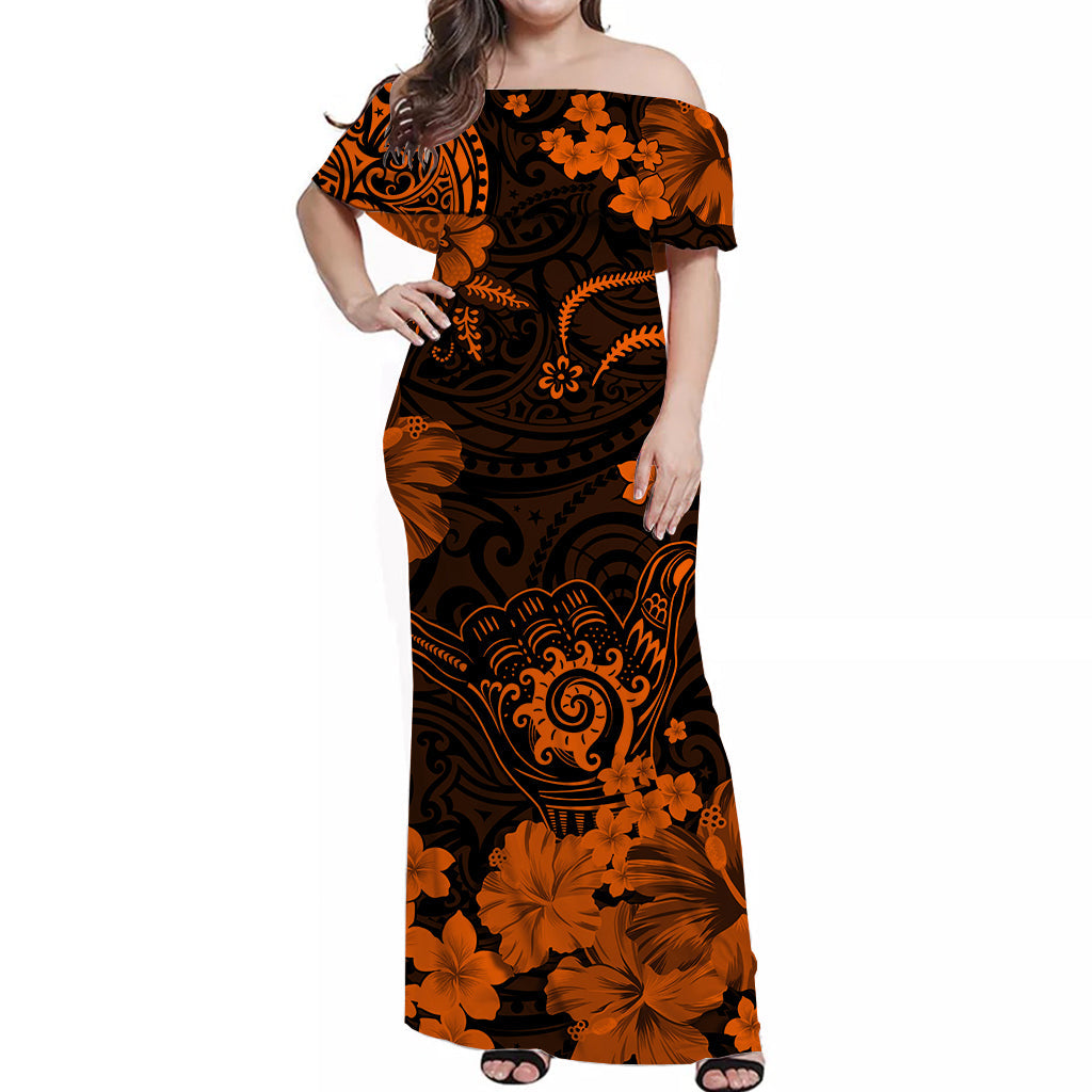 Hawaii Off Shoulder Long Dress Polynesia Orange Cool Shaka Sign LT13 Women Orange - Polynesian Pride