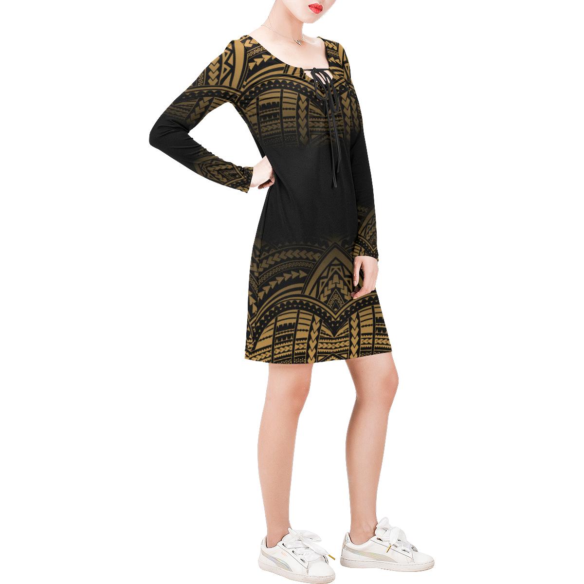 Polynesian Long Sleeve String Tie Dress - Polynesian Pattern Yellow Women Yellow - Polynesian Pride