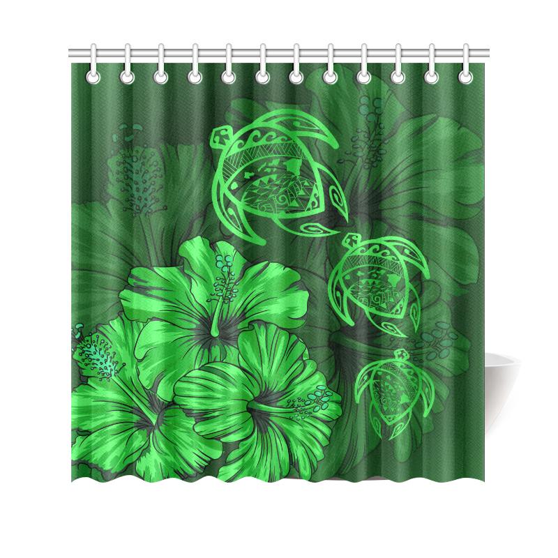 Hawaiian Map Turtle Hibiscus Green Vintage Shower Curtain 177 x 172 (cm) Green - Polynesian Pride