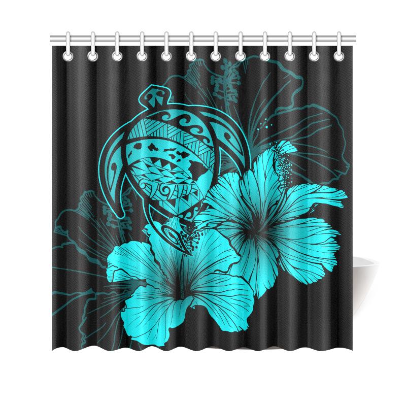 Hawaii Hibiscus Shower Curtain - Turtle Map - Turquoise 177 x 172 (cm) Blue - Polynesian Pride