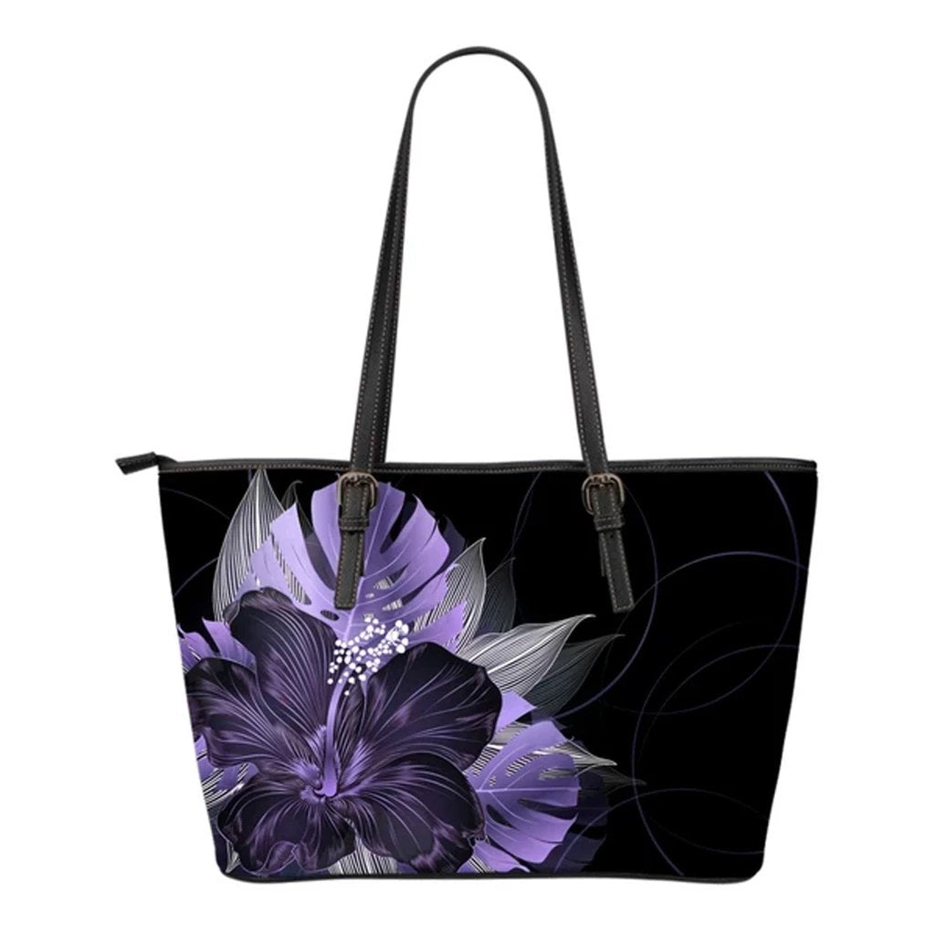 Hawaii Classic Hibiscus Purple Small Leather Tote Black - Polynesian Pride