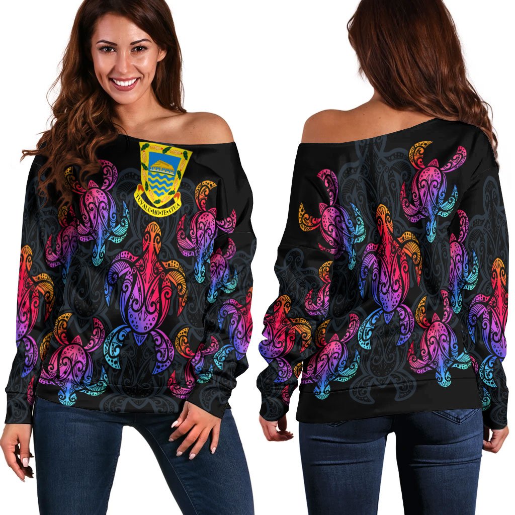 Tuvalu Women's Off Shoulder Sweaters - Sea Turtle In Tribal Polynesian Style Black - Polynesian Pride