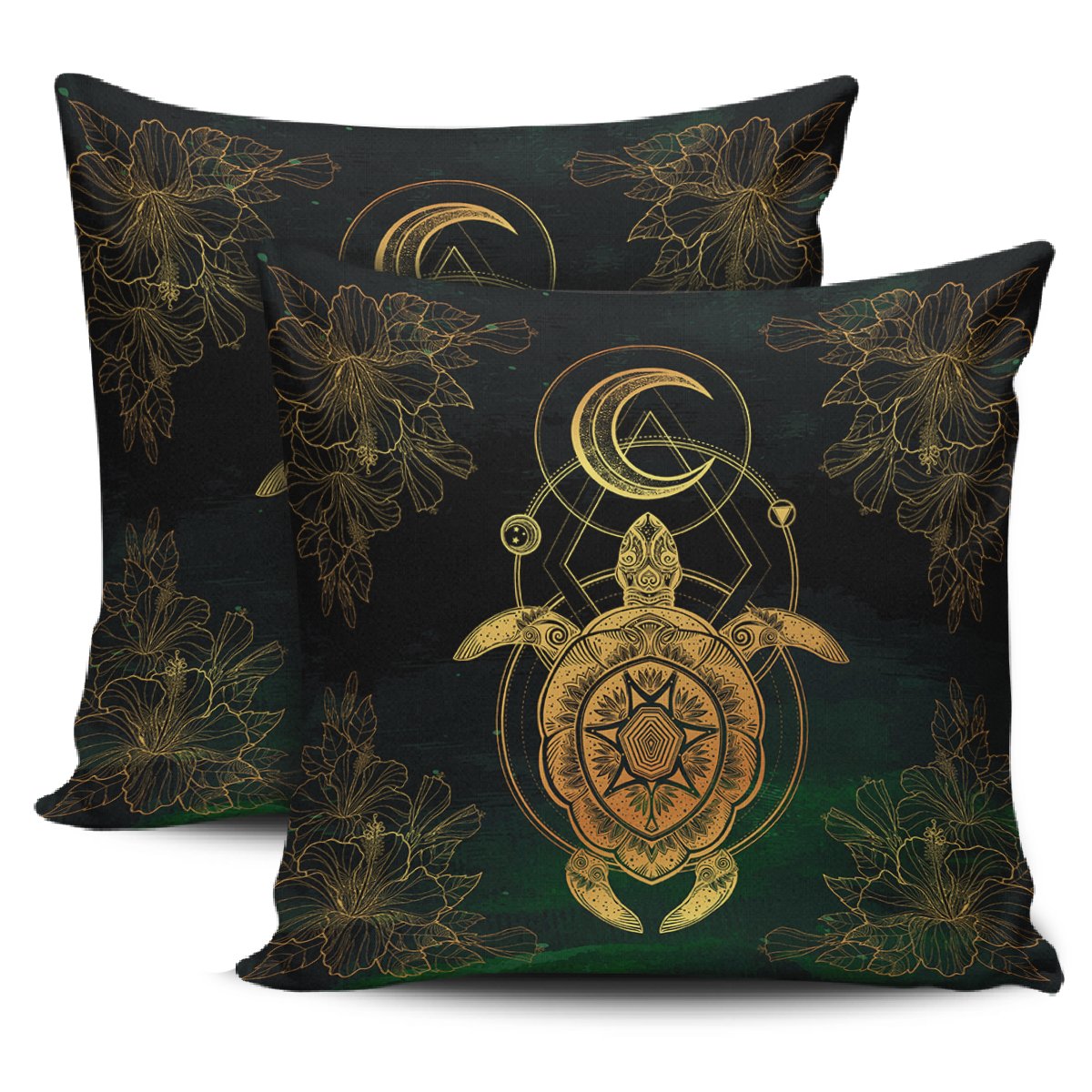 Turtle Hibiscus Golden Galaxy Pillow Covers One Size Zippered Pillow Cases 18"x 18" (Twin Sides) (Set of 2) Black - Polynesian Pride
