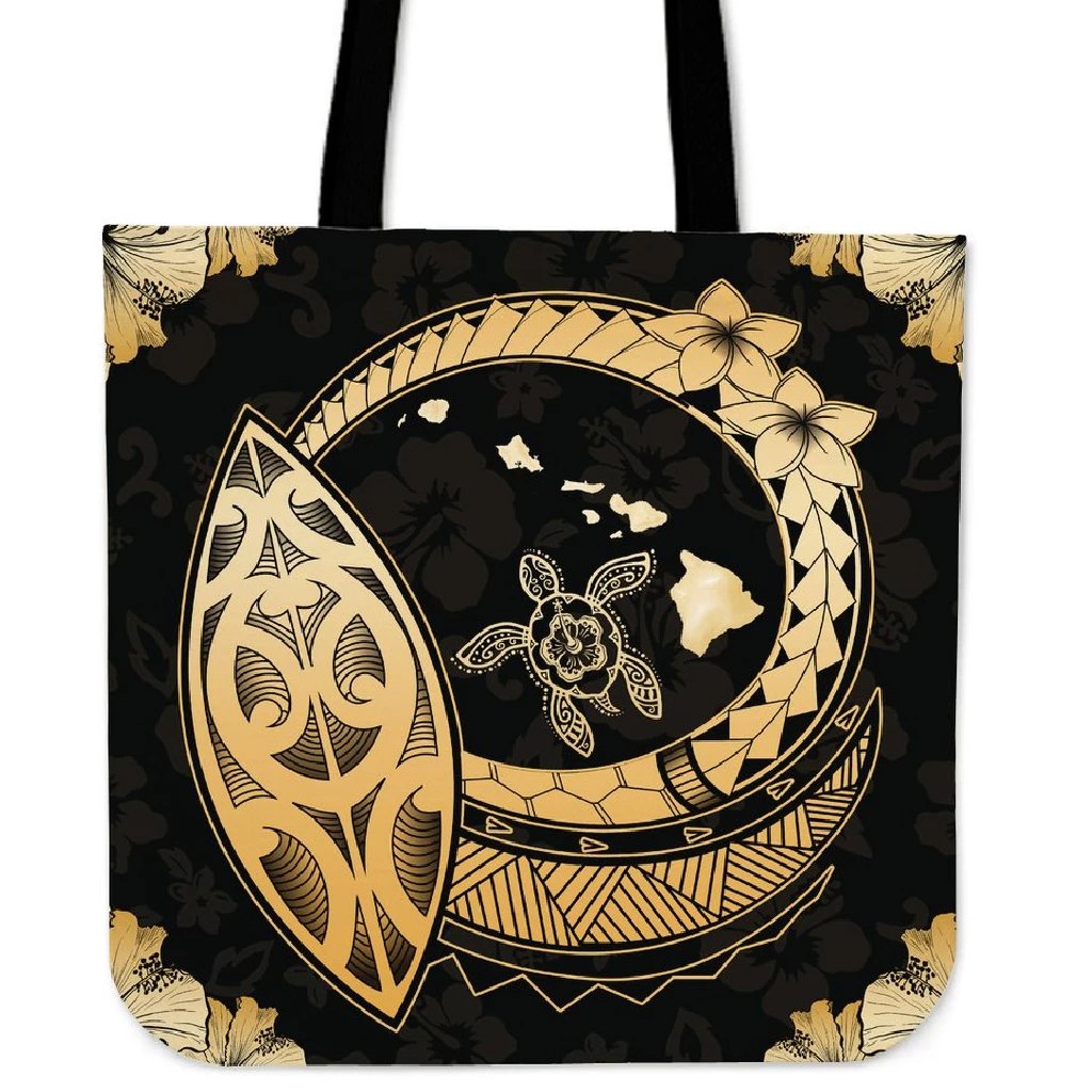 Hawaii Turtle Hibiscus Map Polynesian Tote Bag Tote Bag One Size Black - Polynesian Pride
