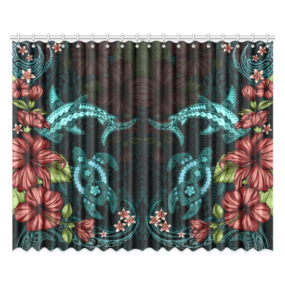 Turtle And Shark With Hibiscus Window Curtain ( Two Piece) Turquoise One Size 52x84 (two pieces) Black - Polynesian Pride