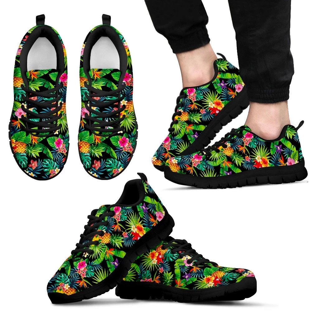 Hawaii Tropical Pattern With Pineapples, Palm Leaves And Flowers. Sneakers Men's Sneakers Black - Polynesian Pride