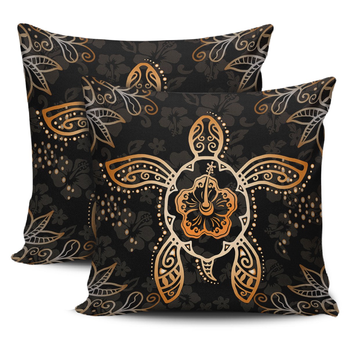 Turtle Hibiscus Orange Pillow Covers One Size Zippered Pillow Cases 18"x 18" (Twin Sides) (Set of 2) Black - Polynesian Pride