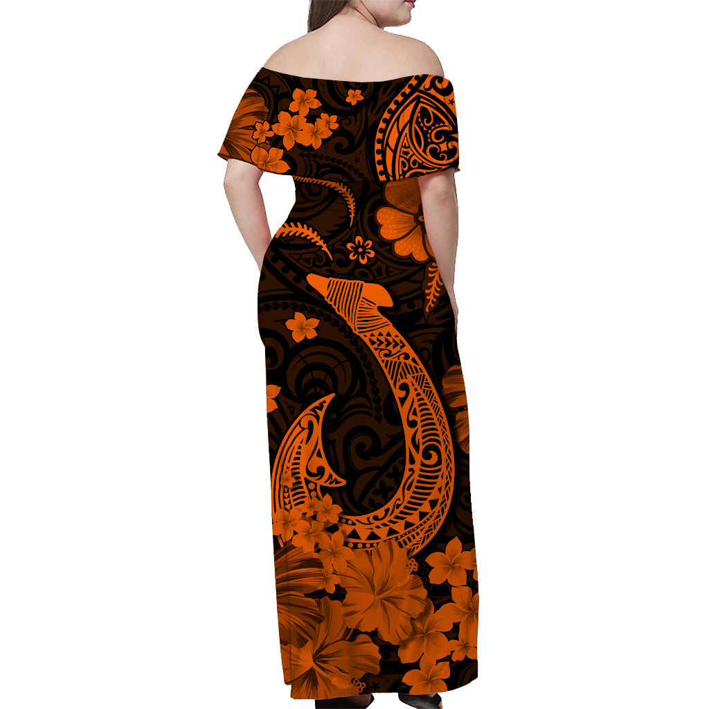 Hawaii Off Shoulder Long Dress Polynesia Orange Fish Hook LT13 - Polynesian Pride