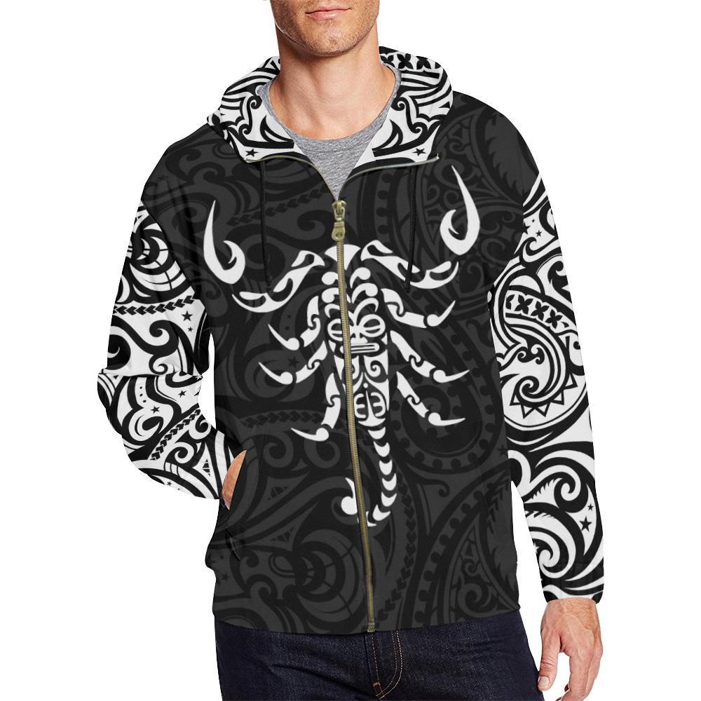 Scorpio Zodiac Zip up Hoodie Maori Tattoo Unisex White - Polynesian Pride