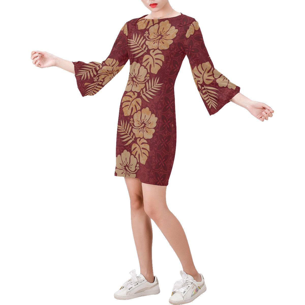 Hawaii Bell Sleeve Dress - Tribal Pattern Women Red & Yellow - Polynesian Pride