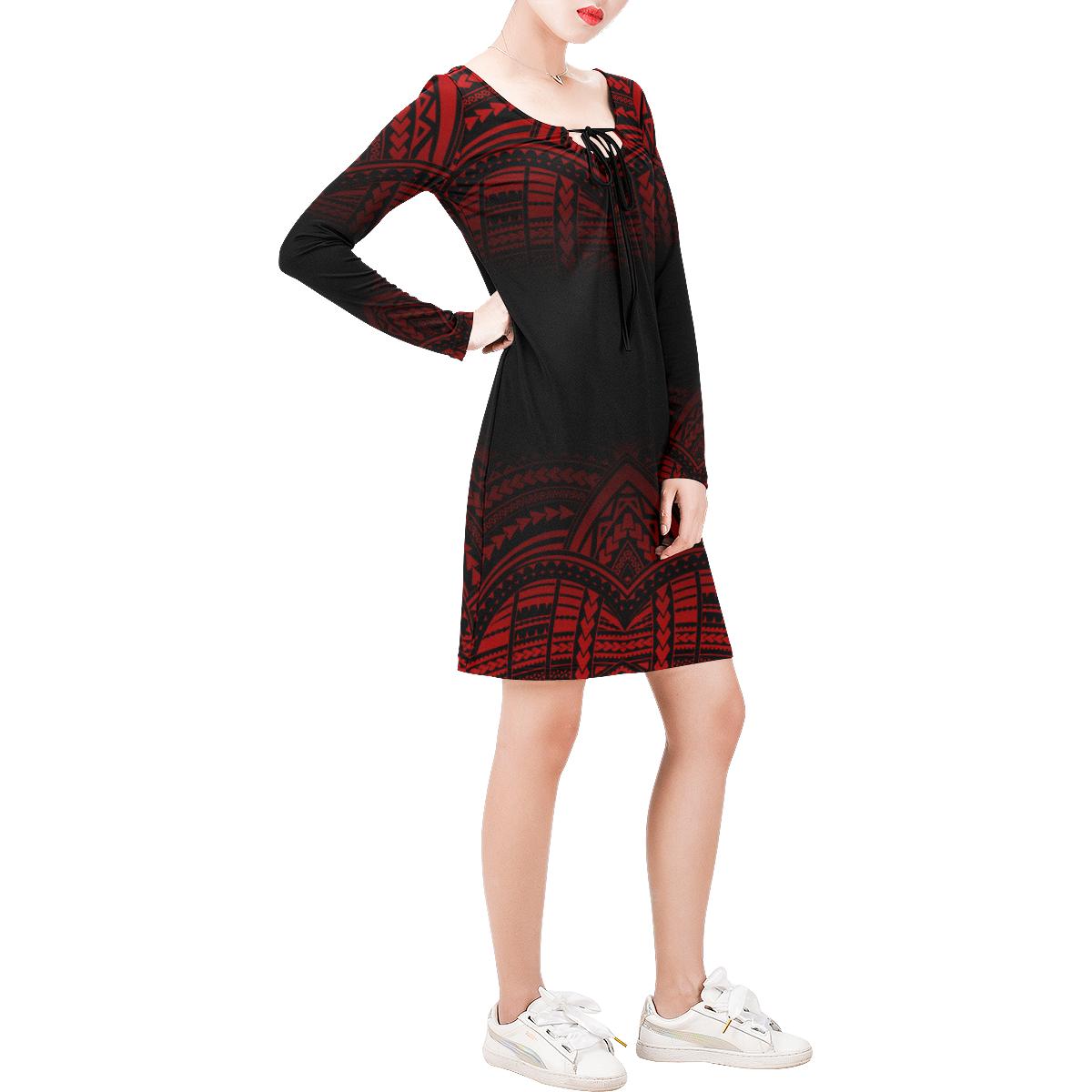 Polynesian Long Sleeve String Tie Dress - Polynesian Pattern Red Women Red - Polynesian Pride