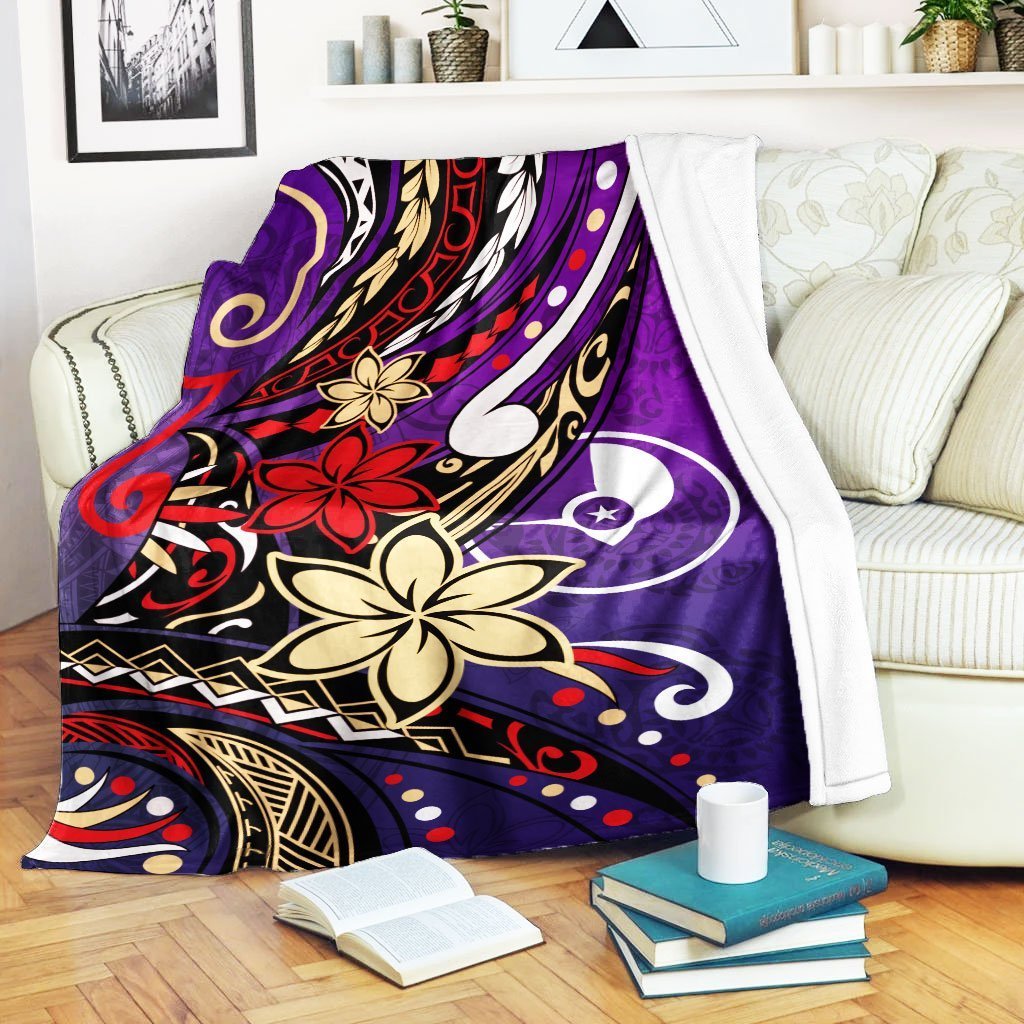 Yap State Premium Blanket - Tribal Flower With Special Turtles Purple Color White - Polynesian Pride