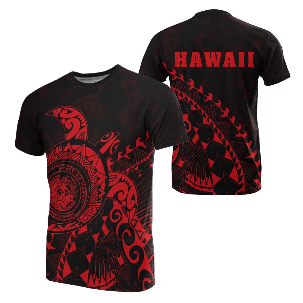 Hawaii Coat of Arms T Shirt ( Red) Turtle Style Unisex White - Polynesian Pride