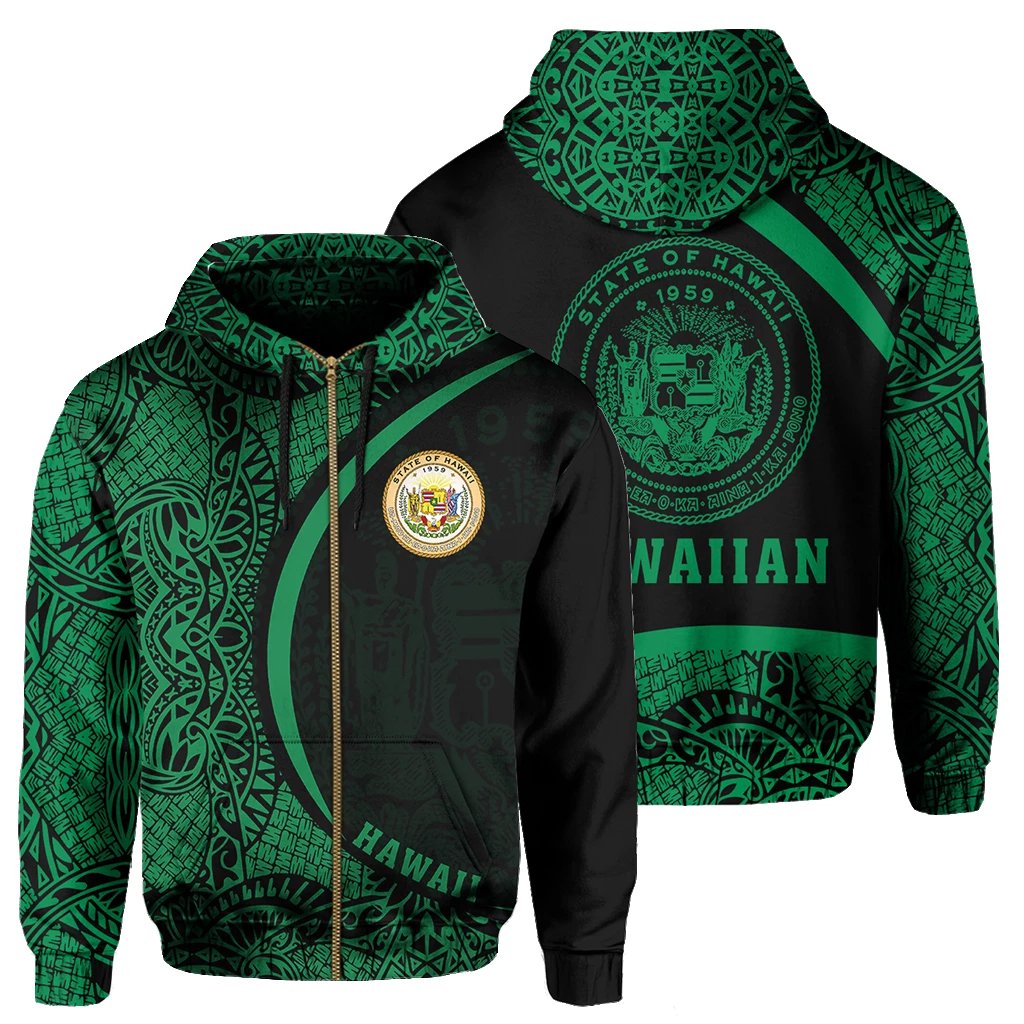 Hawaii Polynesian Zipper Hoodie Green Round Style Unisex Green - Polynesian Pride