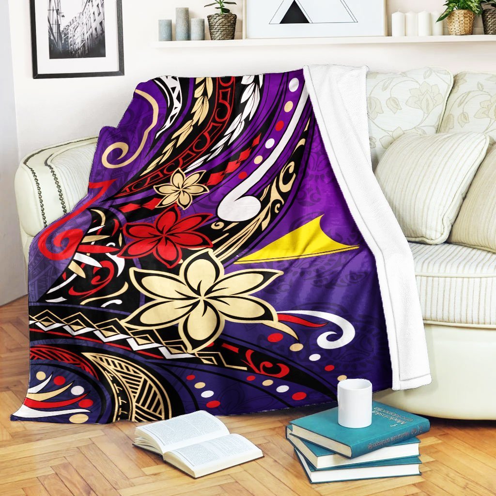 Tokelau Premium Blanket - Tribal Flower With Special Turtles Purple Color White - Polynesian Pride