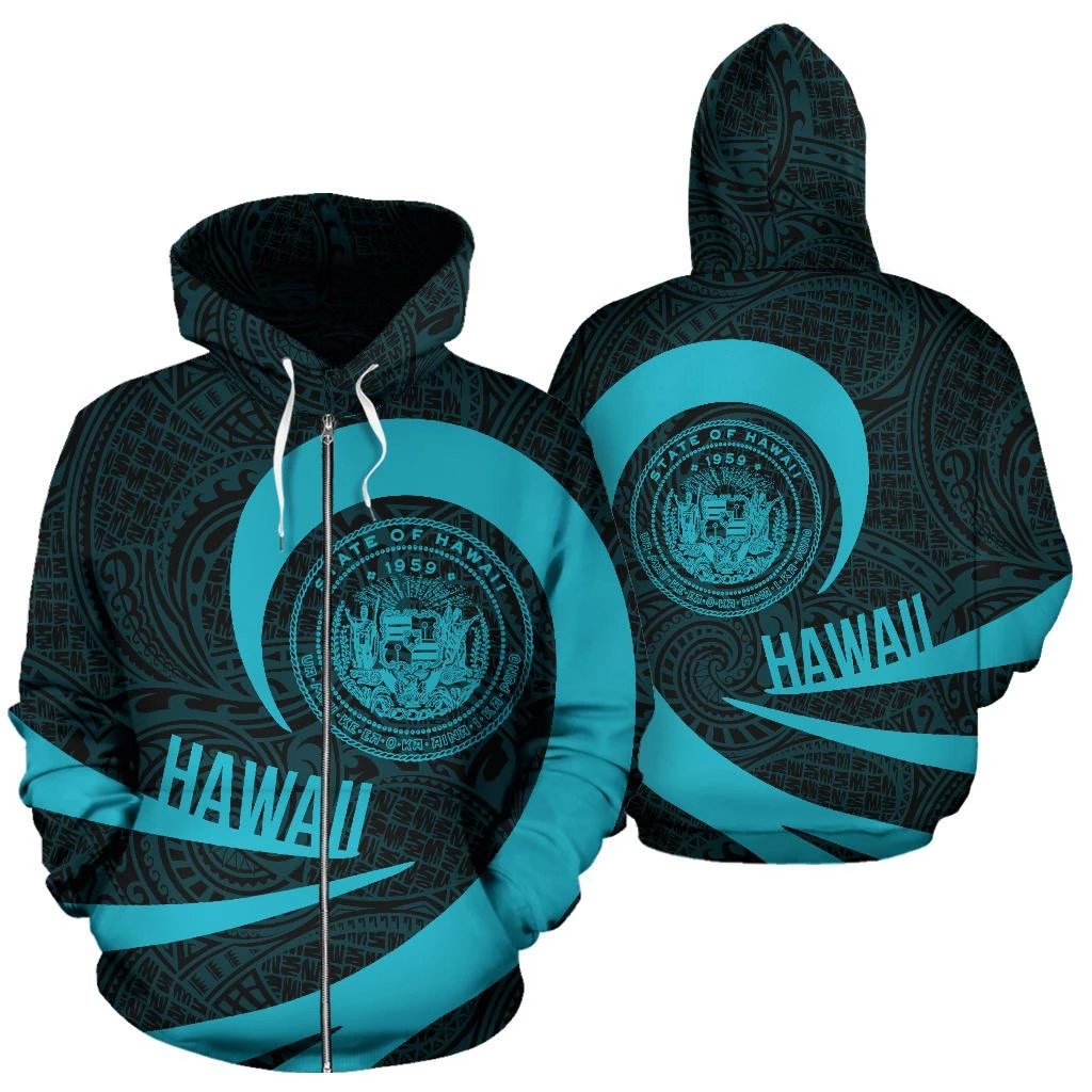 Hawaii Coat of Arms Roll In My Heart Zip up Hoodie Blue Unisex Blue - Polynesian Pride