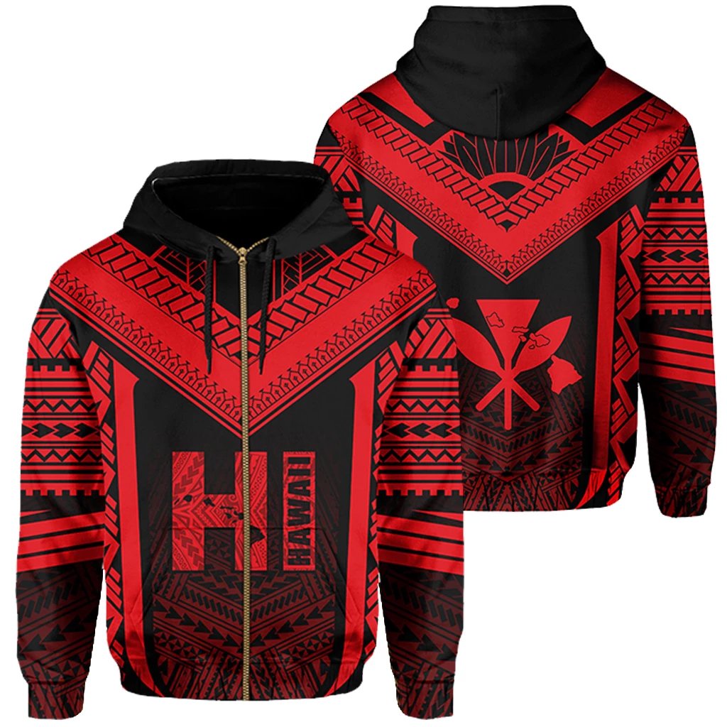 Hawaiian Kanaka Polynesian Zip up Hoodie Active Red Unisex Red - Polynesian Pride
