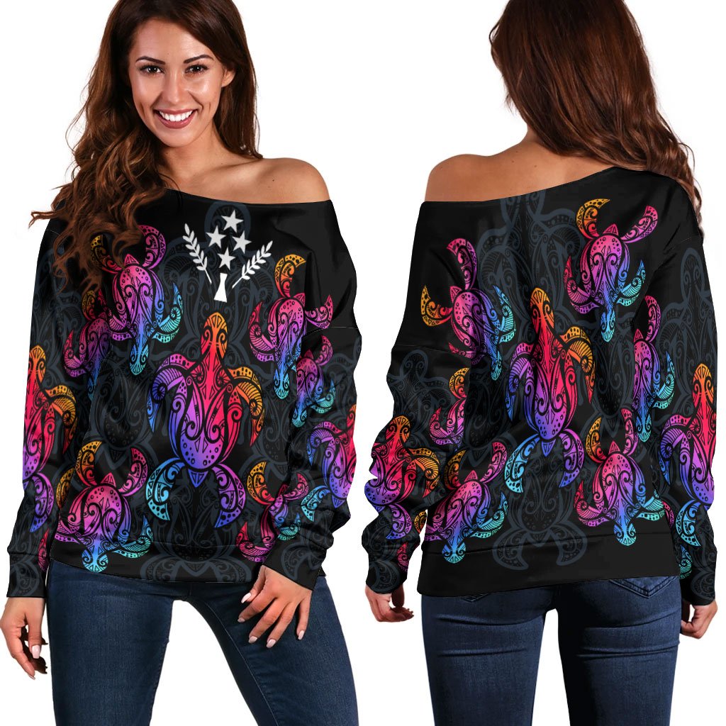 Kosrae Women's Off Shoulder Sweaters - Sea Turtle In Tribal Polynesian Style Black - Polynesian Pride