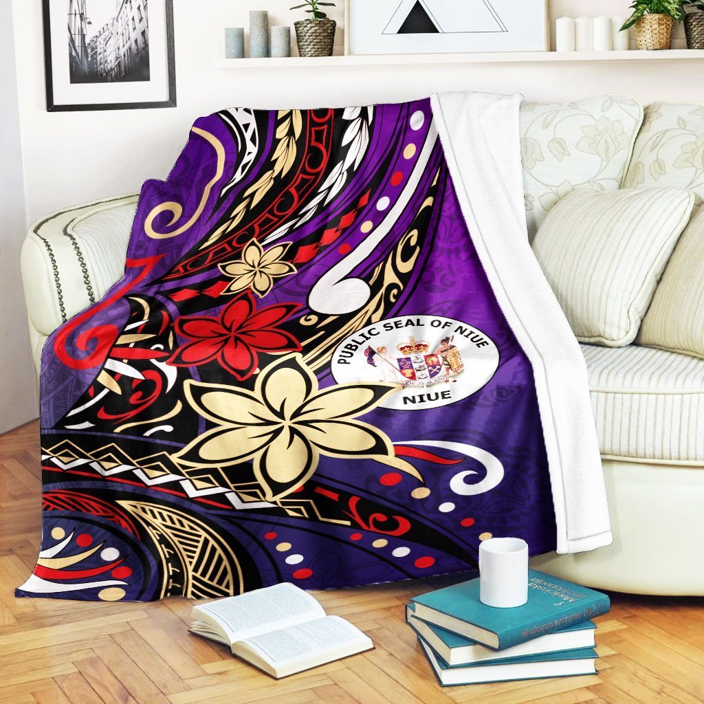 Niue Premium Blanket - Tribal Flower With Special Turtles Purple Color White - Polynesian Pride