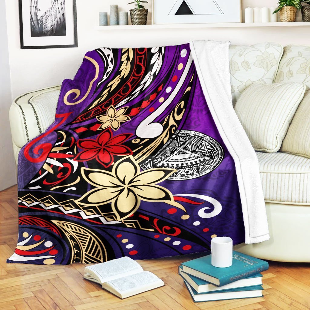 American Samoa Premium Blanket - Tribal Flower With Special Turtles Purple Color White - Polynesian Pride