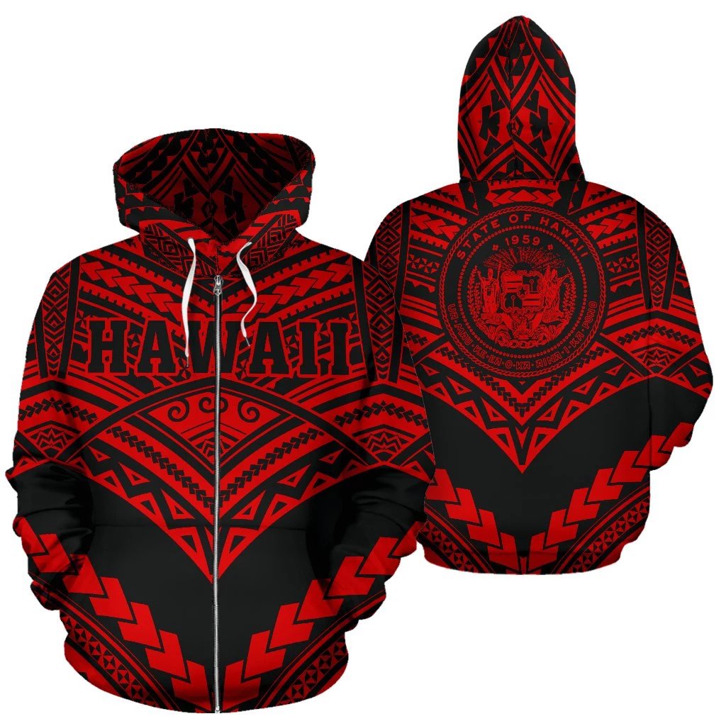 Hawaii Polynesian Zip up Hoodie Tribal New Warrior Style Red Color Unisex Red - Polynesian Pride