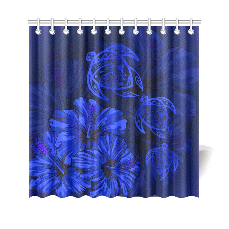 Hawaiian Map Turtle Hibiscus Blue Vintage Shower Curtain 177 x 172 (cm) Blue - Polynesian Pride