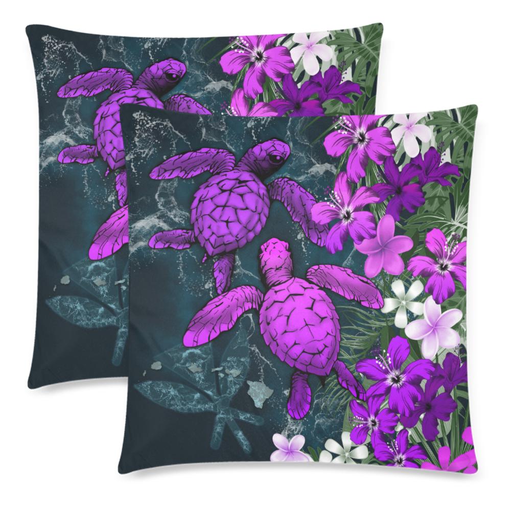 Kanaka Maoli (Hawaiian) Pillow Cases - Sea Turtle Tropical Hibiscus And Plumeria Purple - Polynesian Pride