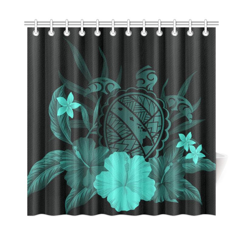 Hawaii Turtle Map Hibiscus Shower Curtain - Turquoise - Polynesian Pride