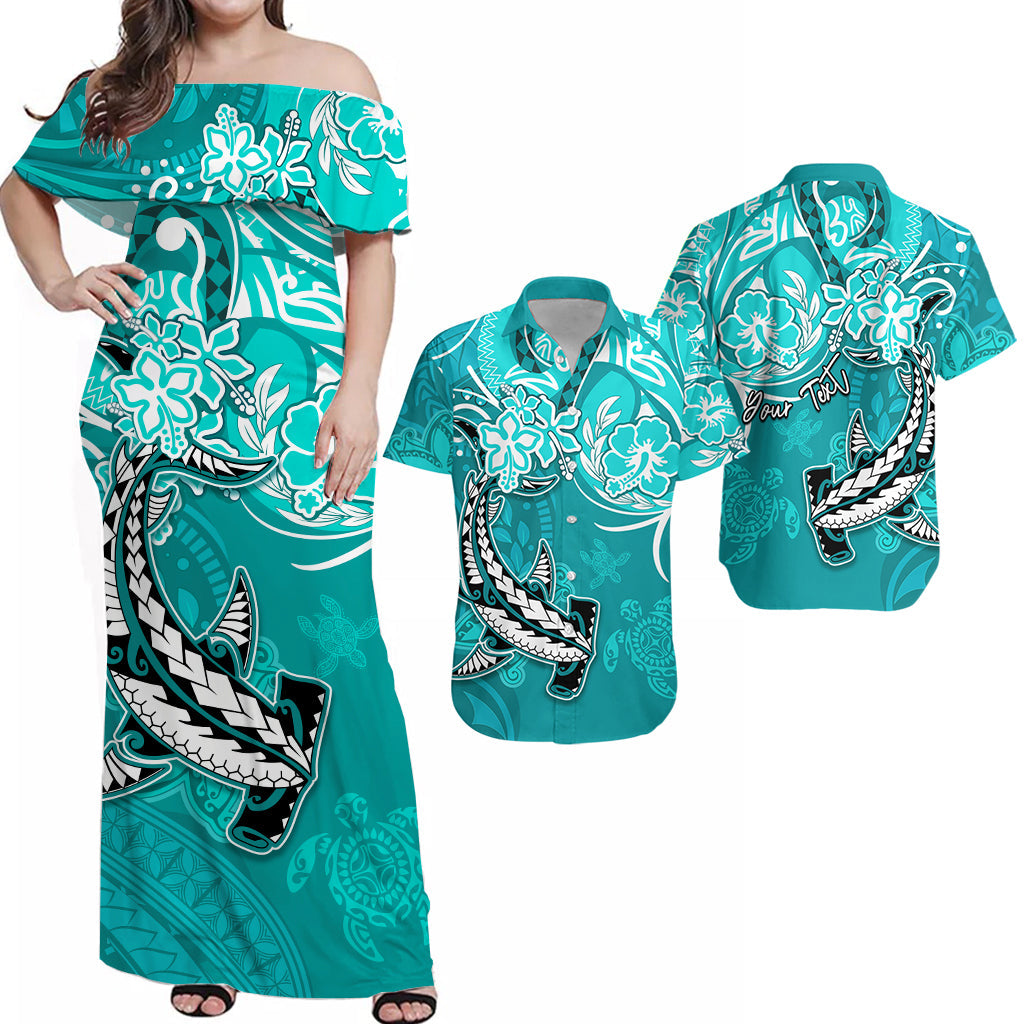 Custom Polynesian Matching Hawaiian Outfits For Couples Tribal Hammerhead Shark with Pacific Island Flowers Turquoise LT13 Turquoise - Polynesian Pride