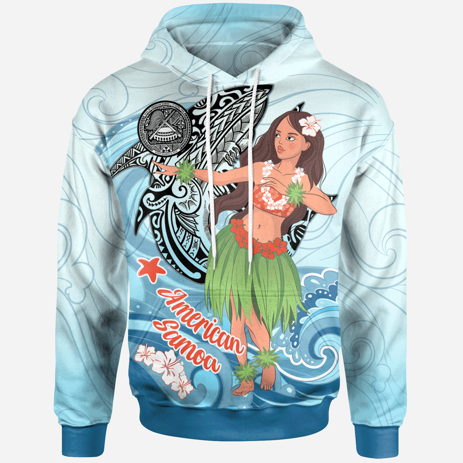 American Samoa Hoodie Polynesian Girls With Shark Unisex Blue - Polynesian Pride