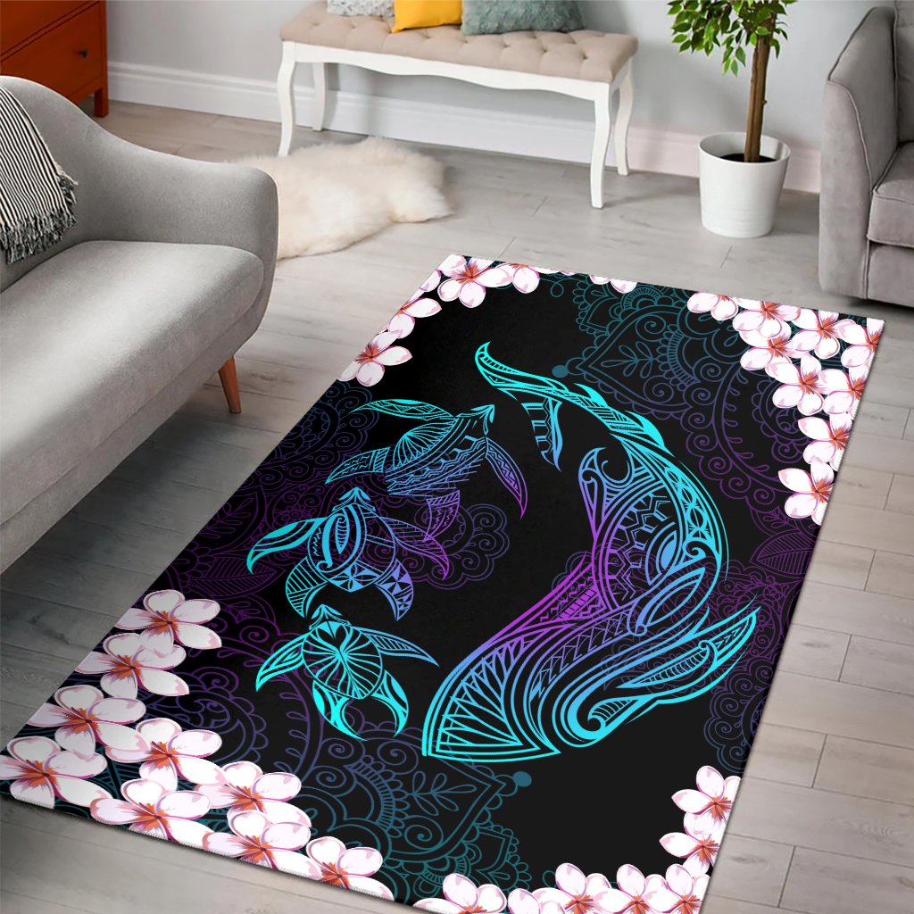 Hawaiian Plumeria Shark And Turtle Area Rug - Black - Zelda Style - AH Black - Polynesian Pride