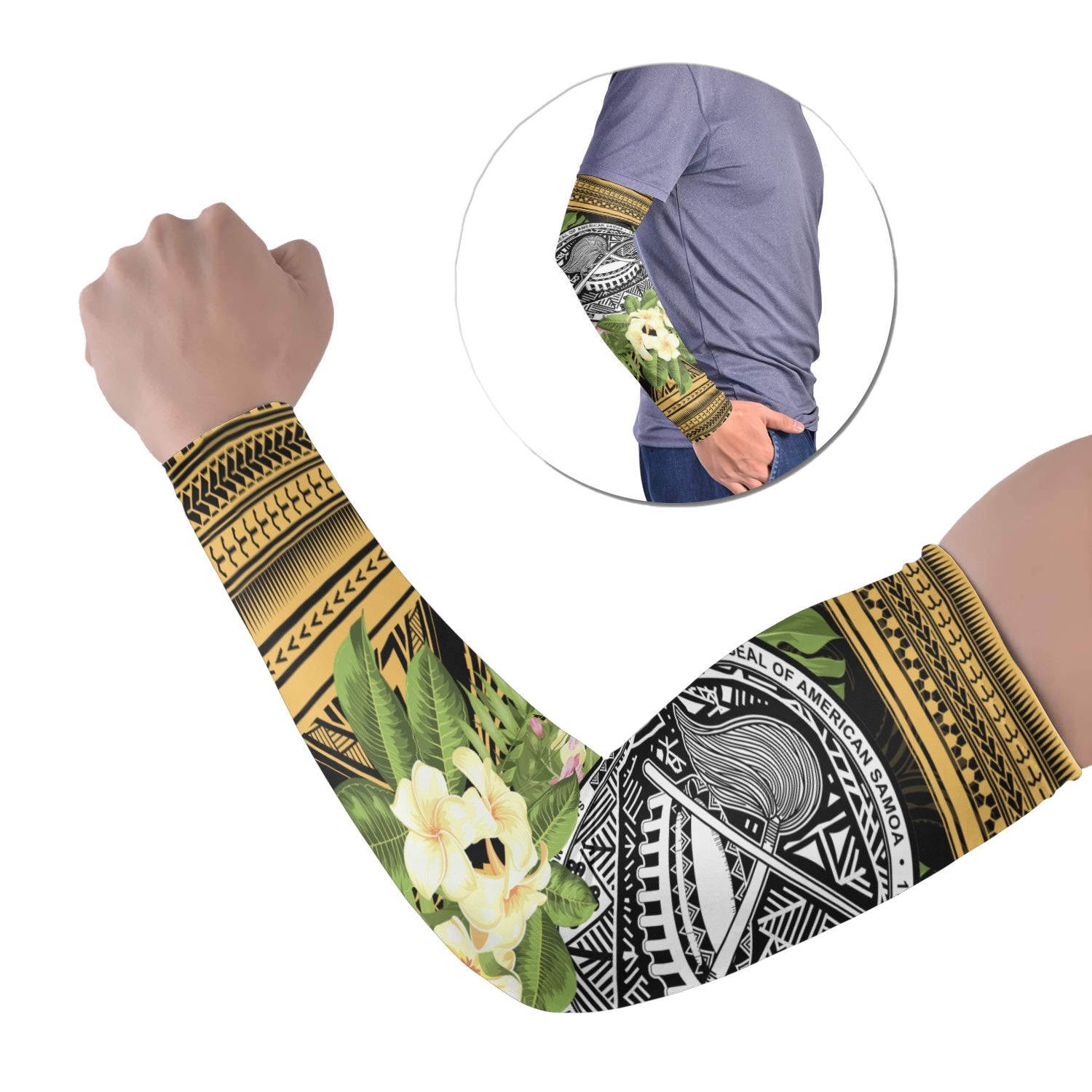 American Samoa Arm Sleeve (Set of 2) - Tropical Flowers Polynesian Patterns Set of 2 GOLD - Polynesian Pride