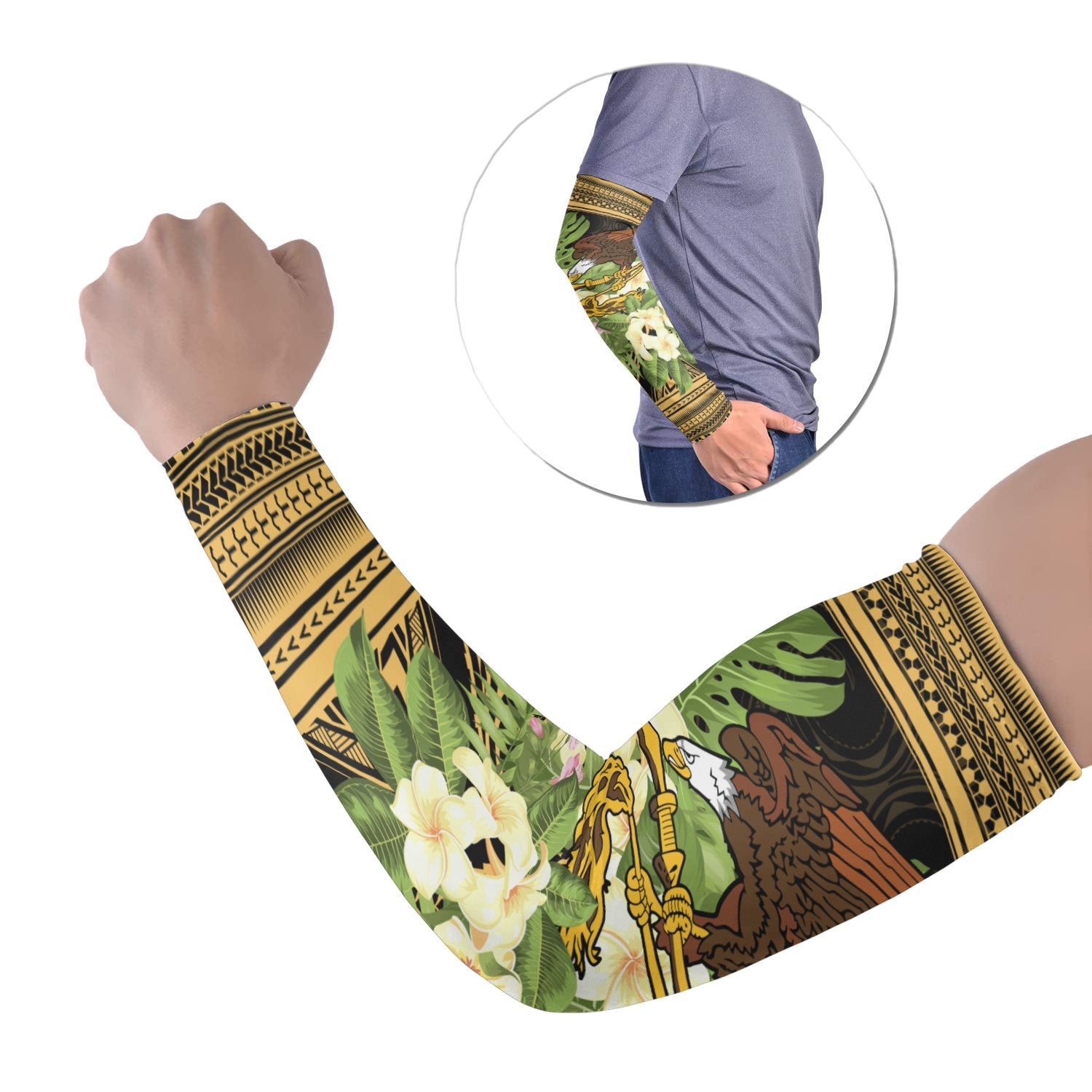 American Samoa Arm Sleeve (Set of 2) - Eagle Tropical Flowers Polynesian Patterns Set of 2 GOLD - Polynesian Pride