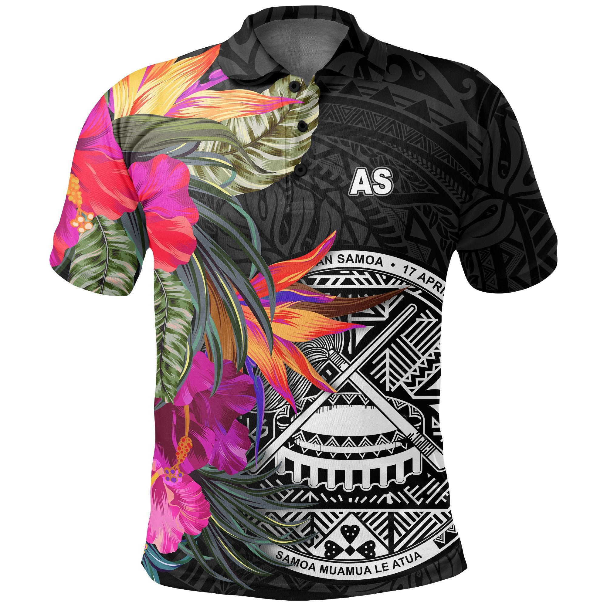 American Samoa Polo Shirt Hibiscus Polynesian Pattern Unisex Black - Polynesian Pride